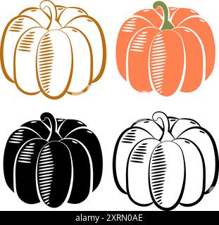 Set di Halloween Pumpkin Design Elements, in bianco e nero e a colori su sfondo trasparente Illustrazione Vettoriale