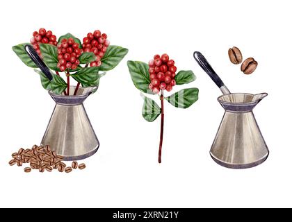 Illustrazione ad acquerello, arte, rami di caffè, bouquet in turco, chicchi di caffè in un mucchio. Immagine per menu, design, caffetteria, caffetteria, aromi domestici, profumo Foto Stock