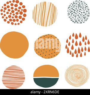 Set di sfondi o motivi colorati astratti e rotondi. Colori autunnali. Scarabocchi disegnati a mano. Punti, gocce, curve, linee. Vettoriale di moda moderna Illustrazione Vettoriale