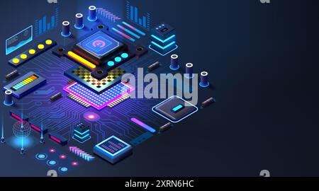 Hardware per semiconduttori. Chip della scheda madre del computer. Componenti isometrici del microchip CPU della tecnologia dei circuiti. Processore elettronico per server. Motore Cyber Illustrazione Vettoriale