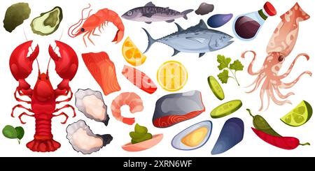 Cibo a base di pesce. Cuocere a base di pesce, piatto di salmone o grigliare il merluzzo di mare, il tonno o la trota con rosmarino e limone da buongustai. Piatti marini, ristorante sull'oceano o caffetteria con elementi decorativi per il menu. Illustrazione vettoriale Illustrazione Vettoriale