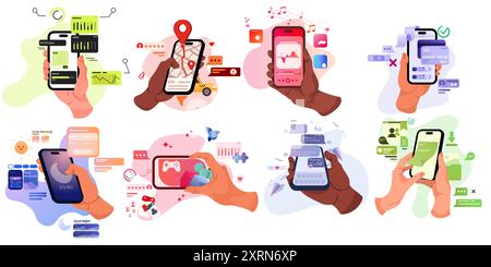 Tenere il telefono. Applicazione mobile. Adesivi per smartphone retrò. Poster di chat degli anni '90 con un semplice notebook e una bolla multimediale. App per servizi bancari o di navigazione. Gioco del cellulare. Lettore musicale. Set di cartoni animati vettoriali Illustrazione Vettoriale