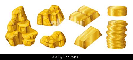 Gold bar. Pepite d'oro. Pila di monete. Massi di gioielli. Metallo costoso. Materiale geologico. Minerale Goldmine. Soldi metallici gialli. Bulli lucenti. Tesoro di ciottoli. Set di prills di miniera d'oro isolati vettoriali Illustrazione Vettoriale
