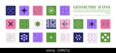Forme della linea. Simboli quadrati di brutalismo. Icone astratte di fiori e stelle. Ripetizione circolare o figura della geometria grafica. Logo esagonale retrò moderno. Forme di contorno di base. Blocchi piatti. Set di elementi di colore vettoriali Illustrazione Vettoriale