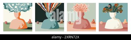 Salute mentale. Mente pensante. Rompicapo del giorno del cervello. Pace nel mondo e benessere positivo. Disturbo psicologico. Testa creativa con una mentalità allo stress. Psicologia benessere. Set di banner vettoriali Illustrazione Vettoriale