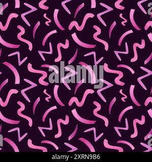 Scarabeo magenta ingenuo a zigzag. Motivo lineare senza cuciture. Texture astratta e uniforme. Illustrazione acquerello isolata su sfondo nero. Foto Stock