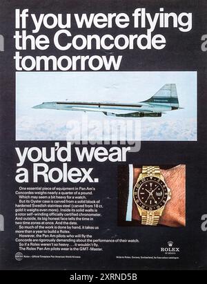 Una pubblicità vintage del 1969 orologi Rolex che fa riferimento all'aereo Concorde. Foto Stock