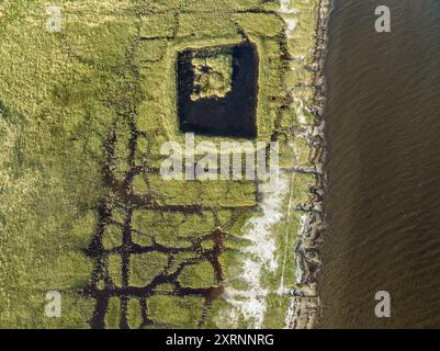 Vista aerea delle zone umide lungo Løgstør Bredning, nel nord dello Jutland, Danimarca Foto Stock