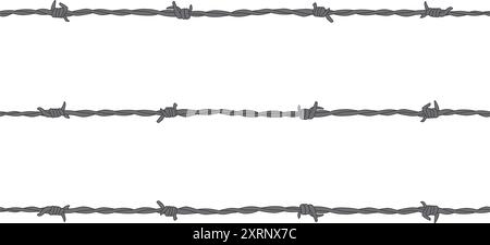 Recinzione di filo spinato con 3 varianti di torsioni di filo spinato e vettore di picchi Illustrazione Vettoriale