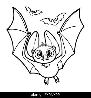 Adorabile pagina di colorazione dei pipistrelli di Halloween. Carino cartoni animati, immagine vettoriale in bianco e nero Illustrazione Vettoriale