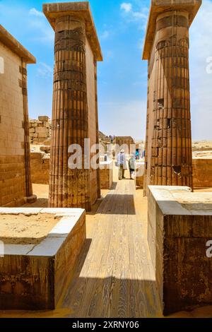 Ingresso al colonnato del complesso funerario della piramide a gradoni di Re Djoser a Saqqara Foto Stock