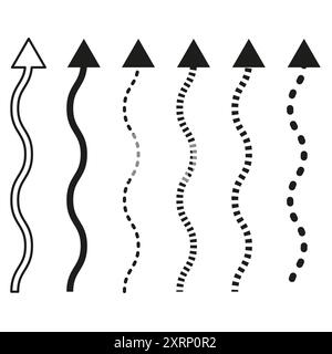 Icone a freccia ondulata. Design in bianco e nero. Vari stili di linea. Elementi vettoriali moderni. Illustrazione Vettoriale