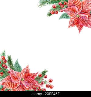 Poinsettia incorniciano l'acquerello. Rami di abete, bacche. Illustrazione disegnata a mano isolata su sfondo bianco. Per i biglietti di Natale e Capodanno, invito Foto Stock