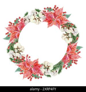 Corona di Natale. Poinsettia, cotone, rami di abete rosso, bacche. Illustrazione acquerello. Biglietti per l'anno nuovo, inviti, poster, banner, copertine, etichette Foto Stock