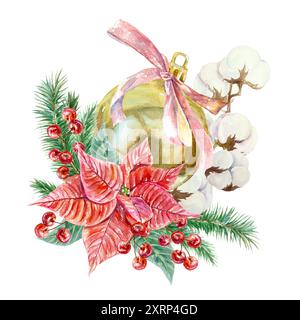 Poinsettia, cotone, rami di abete rosso, bacche. Fiori di Natale e palla d'oro. Illustrazione acquerello. Biglietti per l'anno nuovo, inviti, poster, copertine Foto Stock