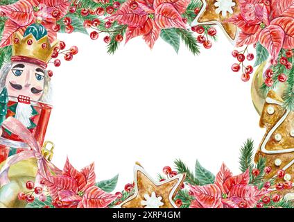 Schiaccianoci, cornice poinsettia. Rami di abete, biscotti allo zenzero, bacche. Fiori di Natale. Illustrazione acquerello. Biglietti per l'anno nuovo, inviti, etichette. Foto Stock