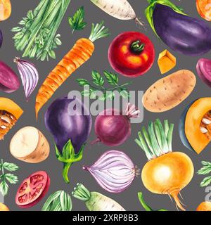 Acquerello vegetale. Verdure disegnate a mano su sfondo grigio. Motivo senza cuciture acquerello con verdure per la progettazione di alimenti, tessuti e prodotti di alta qualità Foto Stock