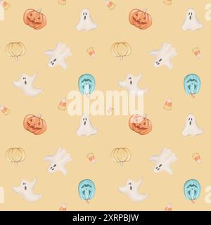 Motivo senza cuciture con zucche, caramelle e fantasmi di Halloween Foto Stock