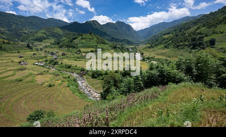 Paesaggio con campi di riso terrazzati verdi e gialli e un fiume negli altopiani vicino a Sapa nel nord del Vietnam Foto Stock