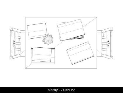 Contorno di un tavolo rettangolare con due sedie di linee nere isolate su sfondo bianco. Libri e matite giacciono sul tavolo. Plac per bambini Illustrazione Vettoriale