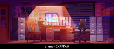 L'interno dell'ufficio investigativo di notte. Illustrazione vettoriale di una stanza buia con foto criminale sul display del computer, telefono retro sulla scrivania, manette sulla sedia, cassetti con cartelle per custodie, lampada Illustrazione Vettoriale