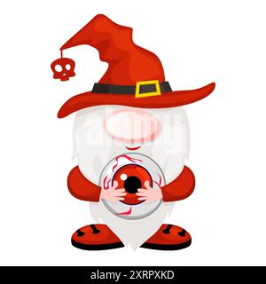 Gnomo di Halloween con un occhio in mano. Vettore di progettazione del calendario Halloween Gnome. Carina illustrazione di Halloween Vector Illustrazione Vettoriale