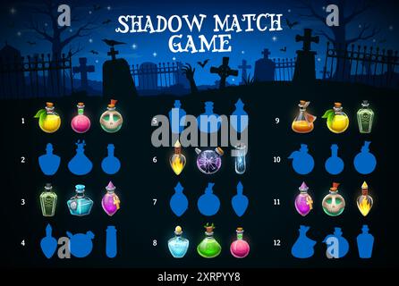 Halloween Kids gioco per trovare l'ombra corretta delle bottiglie di pozione, foglio di lavoro del puzzle vettoriale. Gioco di cartoni animati per trovare e abbinare le stesse silhouette di veleno da streghe Illustrazione Vettoriale