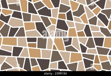 Piastrelle in pietra a mosaico marrone o motivo senza cuciture per pavimentazioni e sfondo vettoriale. Mosaico del terrazzo o frammenti di ceramica e sassolini Illustrazione Vettoriale