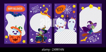I social media di Halloween pubblicano modelli con cornici e spiriti divertenti, bordi vettoriali. Post-frame di storytelling sui social media per le festività di Halloween con cute Illustrazione Vettoriale