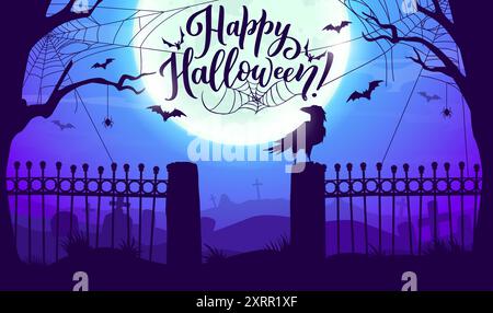 Il cimitero di Halloween presenta il paesaggio con rete metallica, pipistrelli e lapidi. Buon sfondo vettoriale per festeggiare Halloween con pipistrelli notturni, corvo sul recinto del cimitero, luna piena e alberi secchi Illustrazione Vettoriale