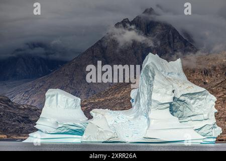 Grandi iceberg in un remoto fiordo di fronte a ripide montagne, nuvoloso, Scoresby Sund, Groenlandia orientale, Groenlandia Foto Stock