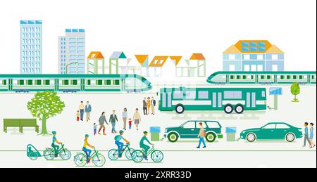 Treno espresso e autobus, auto elettriche, città verde, illustrazione ritagliata Foto Stock