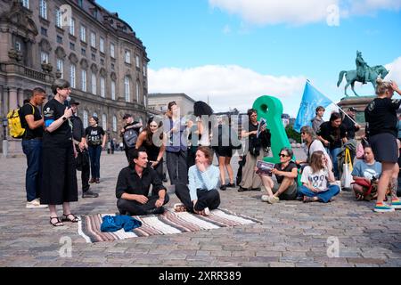 Copenaghen, Danimarca. 12 agosto 2024. Joseph Duplantier della band heavy metal francese Gojira e il cantante Jonas Bjerre della band danese Mew durante una manifestazione di sostegno all'attivista ambientale Paul Watson al Christiansborg Slotsplads di Copenaghen, lunedì 12 agosto 2024. La dimostrazione è organizzata da Alternativet. Paul Watson è imprigionato a Nuuk, in Groenlandia. Il Giappone ha chiesto l'estradazione di Paul Watson. (Foto: Emil Helms/Scanpix 2024) credito: Ritzau/Alamy Live News Foto Stock