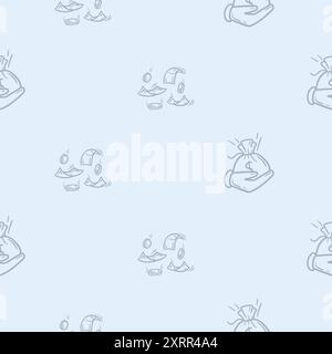 Modello senza soluzione di continuità con denaro, ricchezza, affari, finanza. Semplice illustrazione vettoriale con sacco dei soldi, banconote volanti, monete Illustrazione Vettoriale