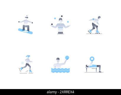 Sport estivi e invernali: Set di icone dal design piatto Illustrazione Vettoriale