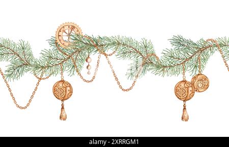 Rami di abete con catene, orologi in oro e palle di Capodanno in stile steampunk con motivo acquerello. Decorazioni vintage per l'inverno holi Foto Stock
