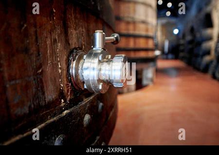 Spundloch mit Zapfhahn an einem alten Holzfass für Portwein Impressionen Porto *** Bunghole con rubinetto su una vecchia botte di legno per il vino Porto Impressions Porto Foto Stock