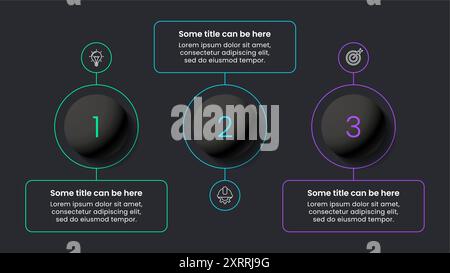 Modello infografico con icone e 3 opzioni o passaggi. Palle nere. Può essere utilizzato per layout del flusso di lavoro, diagrammi, banner, webdesign. Illustrazione vettoriale Illustrazione Vettoriale