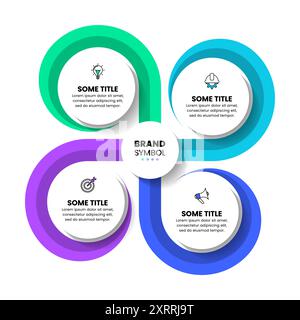 Modello infografico con icone e 4 opzioni o passaggi. Spirale. Può essere utilizzato per il layout del flusso di lavoro, il diagramma, il banner, il webdesign. Illustrazione vettoriale Illustrazione Vettoriale