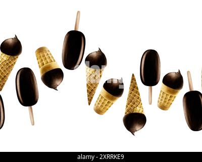 Bordo senza cuciture, striscione con papavero, paletta di gelato con glassa di cioccolato in un cono croccante per waffle. Pittura a mano dolce illustrazione ad acquerello isolato Foto Stock