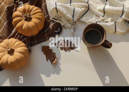 Stile di vita autunnale con zucche e foglie di quercia essiccate. Comoda area di lavoro. Tazza di caffè, a scacchi, telo da tè su un tavolo bianco Foto Stock