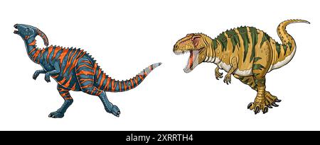 Caccia ai dinosauri. Giganotosaurus attacca il Parasaurolophus. Illustrazione colorata che raffigura i dinosauri combattenti. Disegno con animali preistorici. Foto Stock