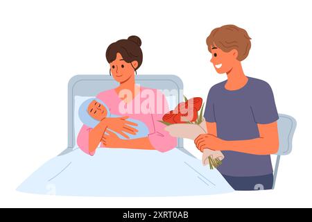 La donna che ha partorito si trova nel letto d'ospedale, mostrando il bambino al padre felice con i fiori Illustrazione Vettoriale