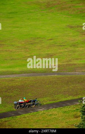 Vista aerea dei ciclisti che poggiano su un sentiero lastricato in una lussureggiante area verde del parco. Foto Stock