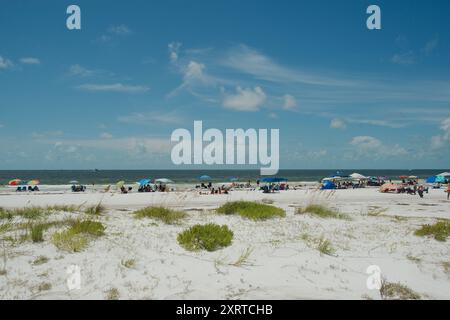 Ampia vista sul Fort DeSoto Park nella contea di Pinellas, Florida. Affacciato sul mare, l'avena e la spiaggia sabbiosa con gente che si dirige verso il Golfo del Messico. Sole Foto Stock