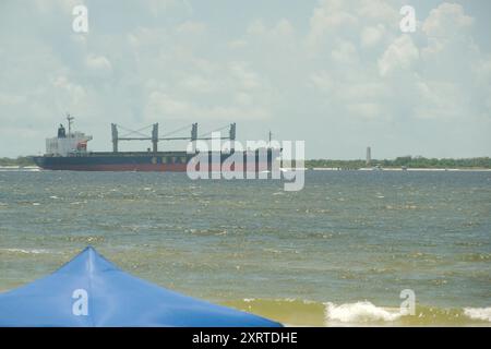 Ampia vista sul Fort DeSoto Park nella contea di Pinellas, Florida. Guardando oltre il mare verso una nave cargo che lascia Tampa Bay con un carico mentre passa Foto Stock