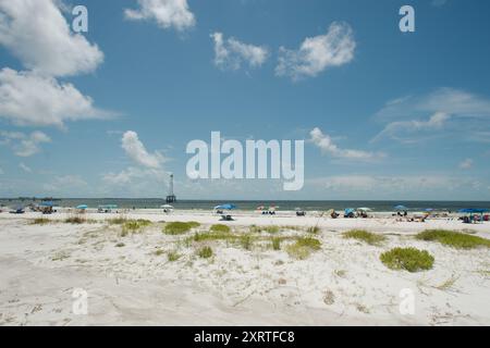 Ampia vista sul Fort DeSoto Park nella contea di Pinellas, Florida. Affacciato sul mare, l'avena e la spiaggia sabbiosa con gente che si dirige verso il Golfo del Messico. Sole Foto Stock