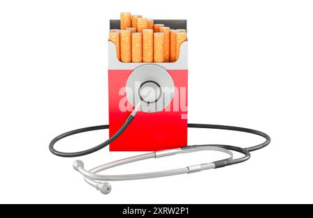 Confezione di sigarette con stetoscopio. Malattie respiratorie e polmonari dal fumo, concetto. Rendering 3D isolato su sfondo bianco Foto Stock