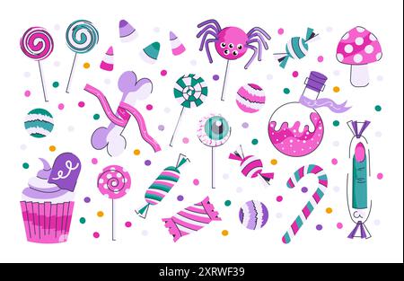 Le caramelle di Halloween i dolci trattano le illustrazioni vettoriali Illustrazione Vettoriale