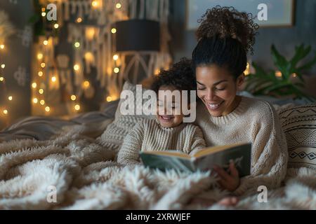 Madre e figlia leggono un libro a letto prima di andare a dormire. Educazione, sviluppo dei bambini in età precoce Foto Stock